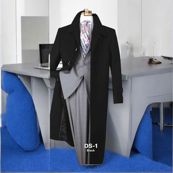 MEN'S BLACK DIAMOND 100% WOOL GABERDINE FULL LENGTH BLACK DUSTER COAT DS-1. - Picture 1 of 2